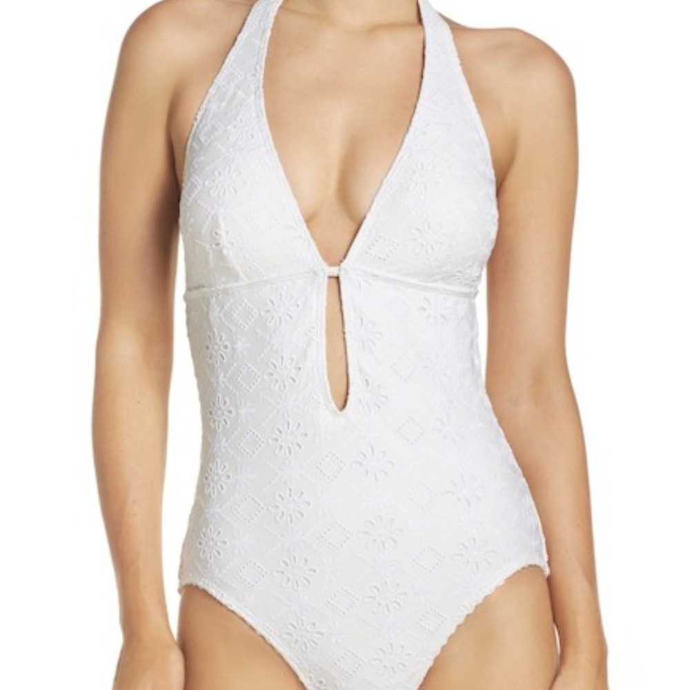 Kate Spade Embroidered Halter Plunge Swimsuit. - Picture 2 of 7